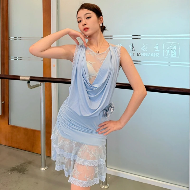 Summer Sleeveless Latin Dance Dress Adults Chacha Samba Latin Dance Clothing Women Sexy Lace Latin Dance Costumes SL12841