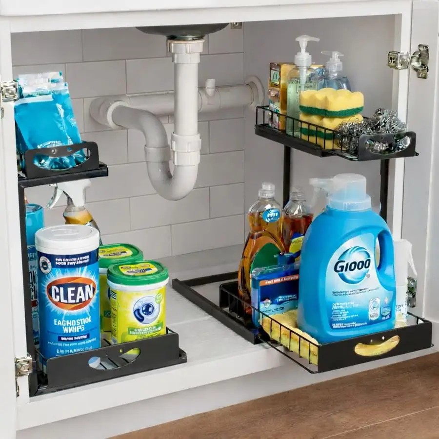 

Under Sink Organizer, Pull Out Cabinet Organizer, 2 Pack 2 Tier Slide Out Organizers and Storage Shelf Metal Sliding Drawer for