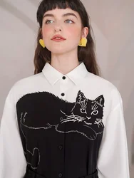 Spring Autumn Original Design Women Loose All-match Color Block Cool Black Cat Kitten Embroidered White Shirts/Blouses