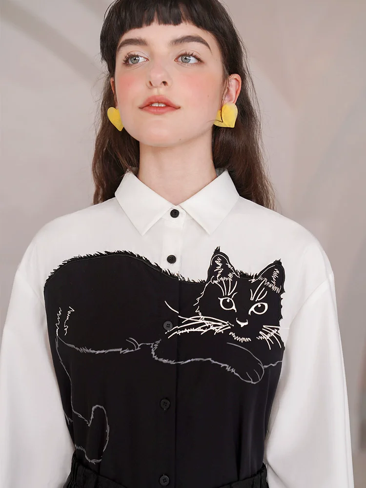 Spring Autumn Original Design Women Loose All-match Color Block Cool Black Cat Kitten Embroidered White Shirts/Blouses