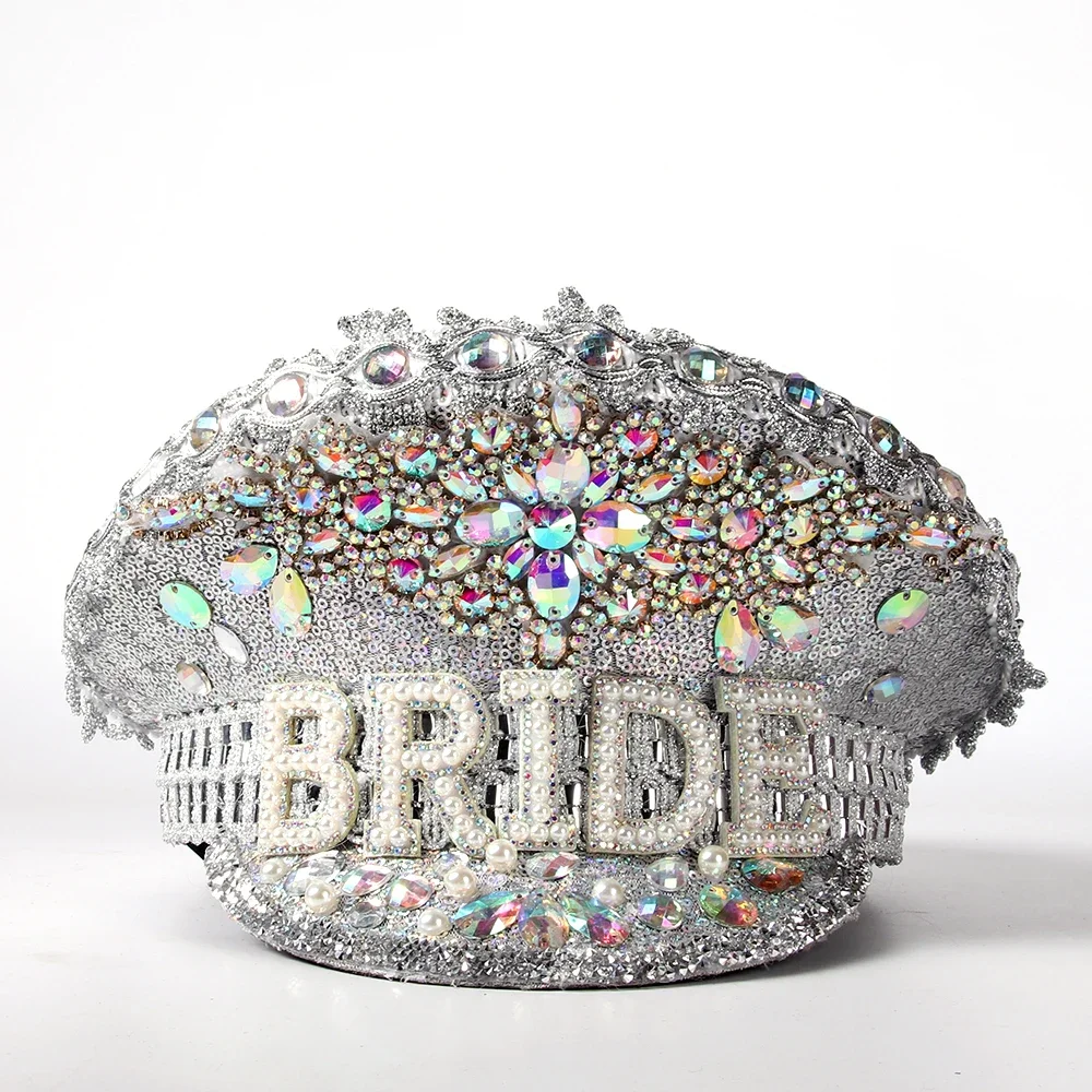 Luxury Rhinestone Women Wedding Bride Captain Hat Military Hat Sergeant Hat Hen Festival Birthday Part Octagonal Hat
