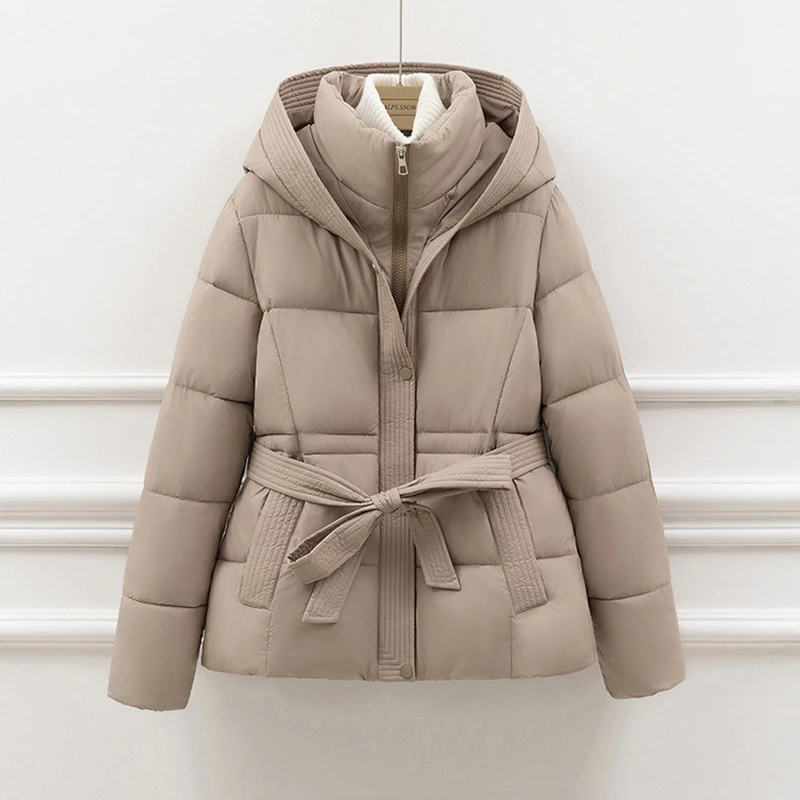 Winter Women's Down Jackets Ultra Light Warm Casual Coat Female Puffer Jacket With a Belt Hooded Parka Overcoat Female Outerwear