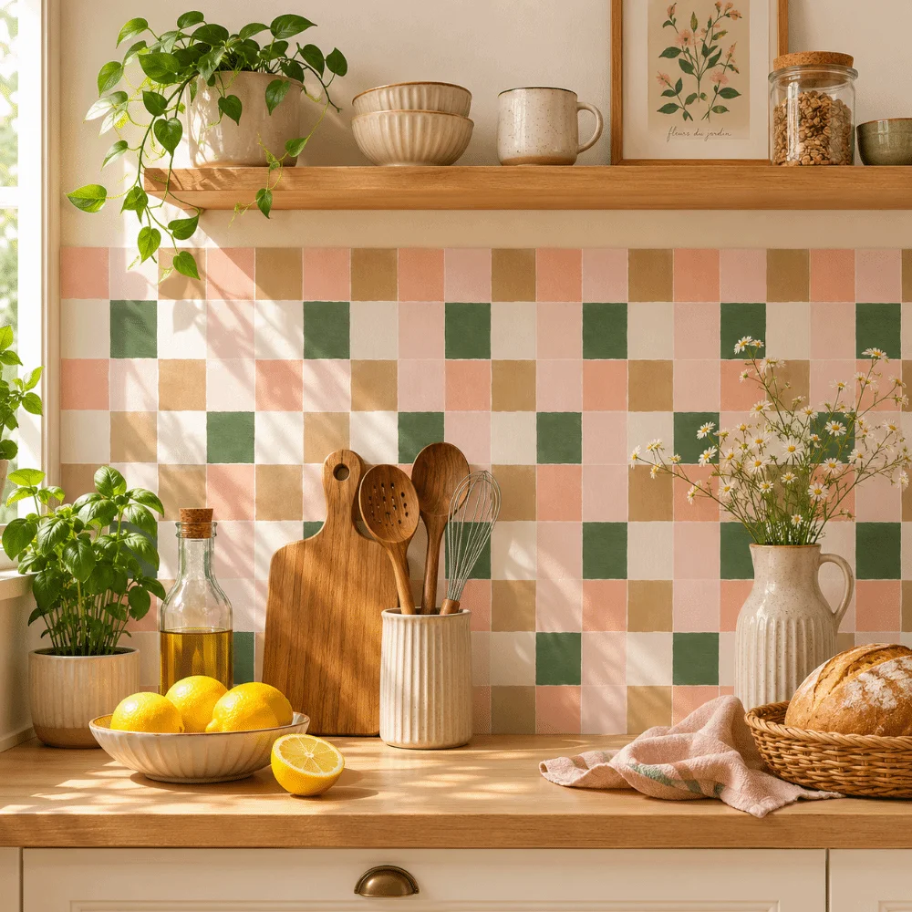 10Pcs Bohemian Pink&Green Vinyl Tile Stickers PVC Wear-resistant Peel&Stick Backsplash Panel DIY Wall Stickers Home Decor