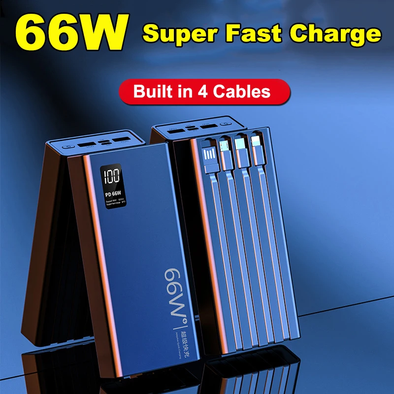 

Power Bank 30000mAh with Cable External Battery 66W Fast Charging Portable Charger Powerbank For iPhone 17 Xiaomi Samsung Huawei
