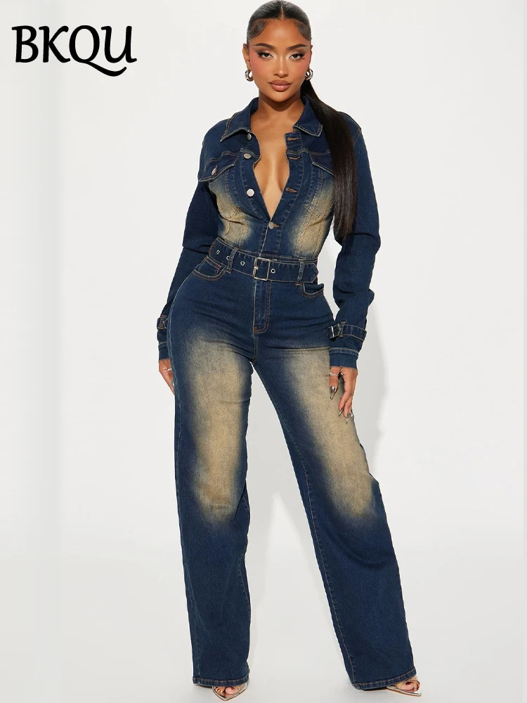 BKQU Retro Washed Denim Jumpsuits Women Long Sleeve Lapel Buttons One Piece Overalls Fashion With Belt Wide-Leg Jean Playsuits