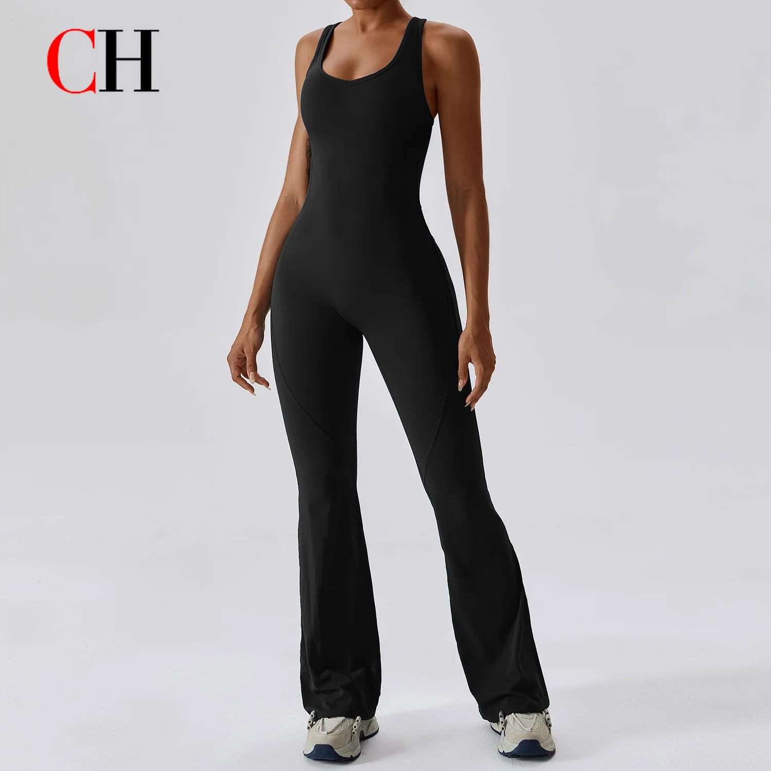 CH Women Yoga Jumpsuit Sleeveless Workout Romper Flare Leggings One Piece Sportswear Fitness Gym Activewea