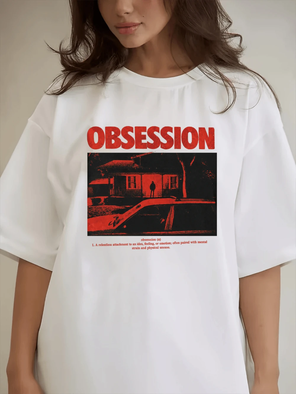 OBSESSION Women's Fashion Spring/Summer Collection A T-shirt Featuring Bold Red Distressed Font with The Meaning