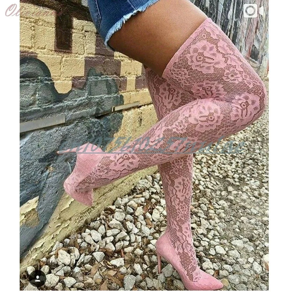 

Pink Sexy Hollow Lace Over the Knee Boots Pointed Toe Stiletto High Heel Fashion 2025 Hot Girl Summer Women Shoes Para Mujere