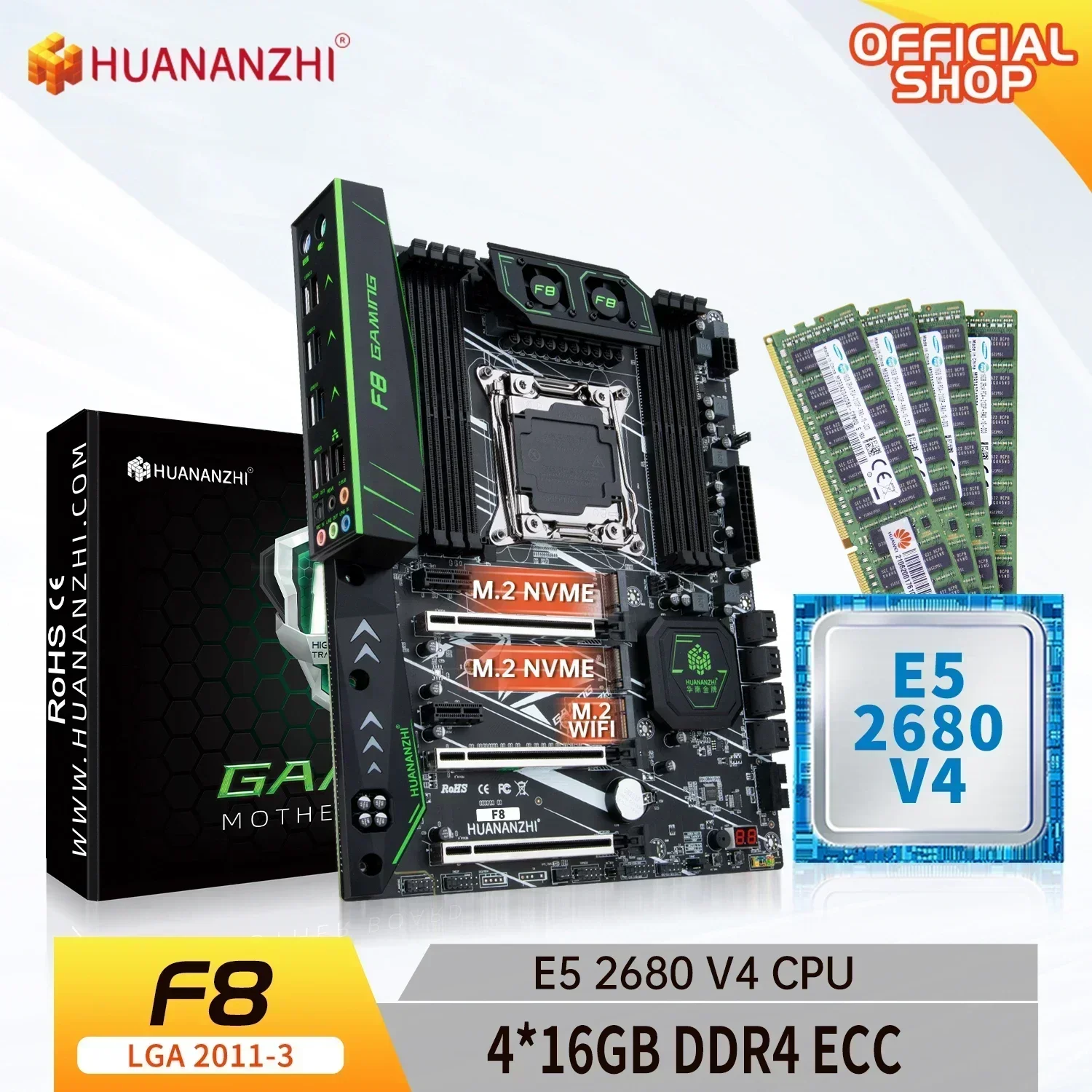 

HUANANZHI X99 F8 LGA 2011-3 XEON X99 Motherboard with Intel E5 2680 V4 with 4*16G DDR4 RECC memory combo kit set NVME SATA RU