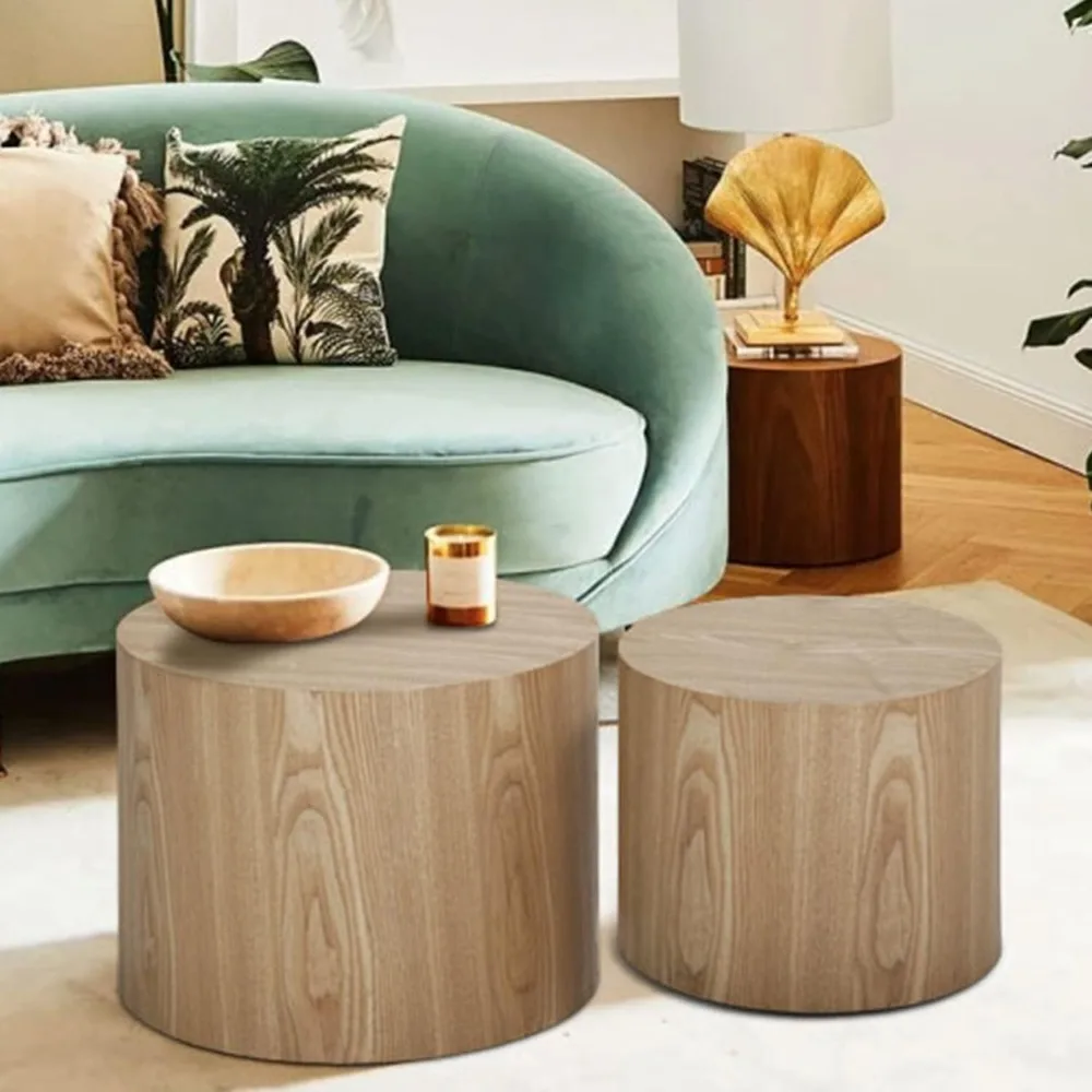 Pair of Round Coffee Tables: Wooden Nesting and End Table Set, Small Circle Drum Side Tables for Living Room and Office Use