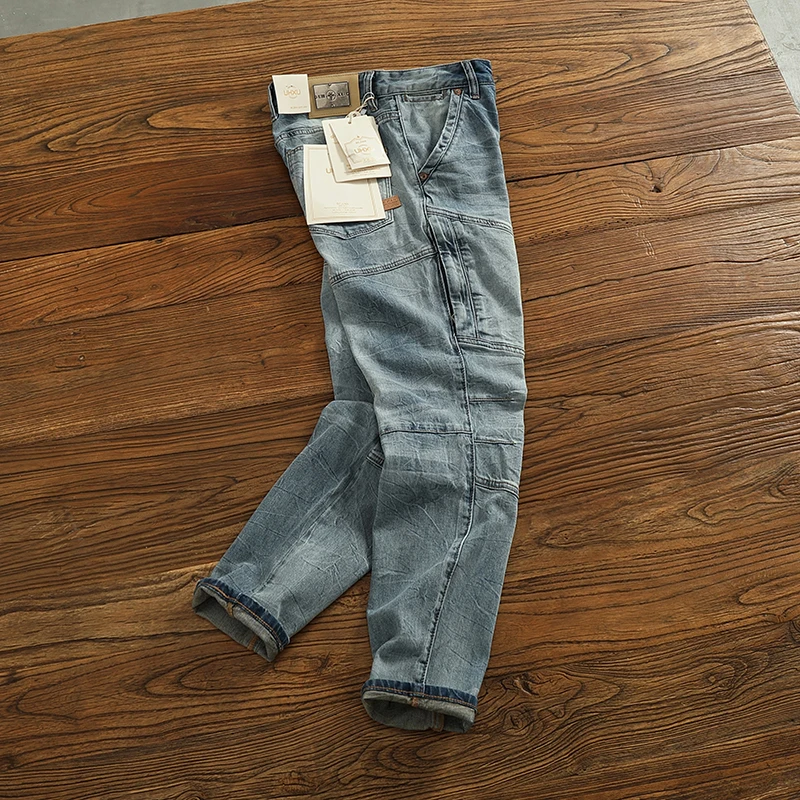 2025 Spring New American Vintage 3D Stereo Cropping Splice Men's Elastic Force Jeans Fashion Slim Washed Old Casual Pencil Pants