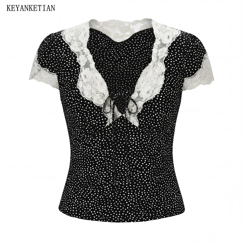 

KEYANKETIAN 2026 Summer New Women French Style Black White Polka Dot Lace Trim Top Elegant V Neck Tie Front Short Sleeve Blouse