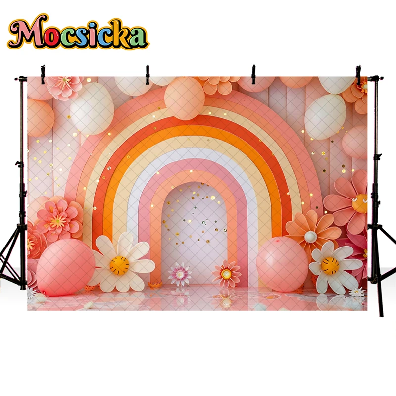 Mocsicka Photography Background Summer Bohe Rainbow Balloon Garland Decor Cake Smash Kids Birthday Party Backdrop Photo Studio