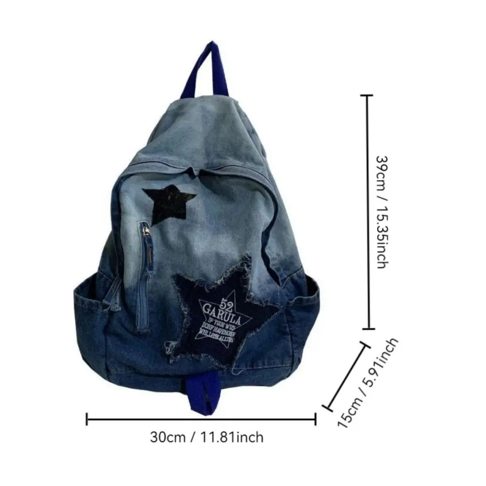 Fashion Star Pattern Denim Backpack Y2K Punk Book Bag Large Capacity Student Schoolbag Students