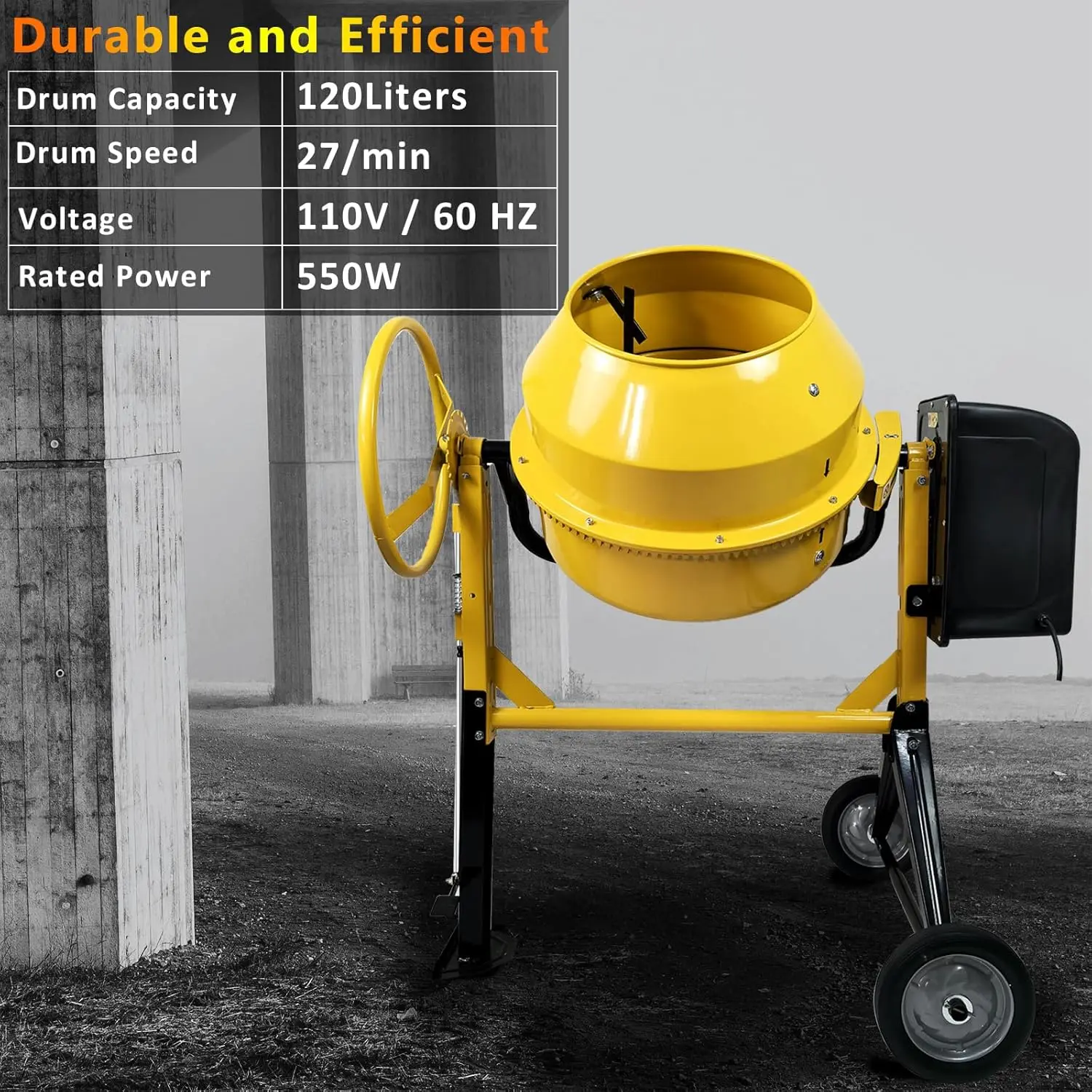 خلاط أسمنتي خرساني محمول 4.2 قدم مكعب، ماكينة خلط كهربائية 3/5 حصان مع عجلة وآلة بارو قائمة بذاتها سعة 120 لترًا #3