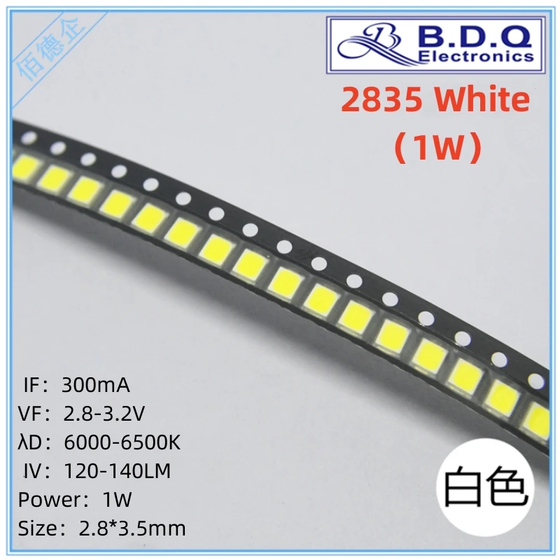 

100Pcs SMD LED 2835 1W White 6000-6500K LED Lamp Beads Size 2835 Light-emitting Diode High Bright Quality