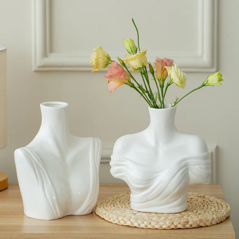 Nordic White Ceramic Flower Vase for Human Use. Flower Arrangement Art Container. Hydroponic Tall Appearance Level Ceramic Vase.