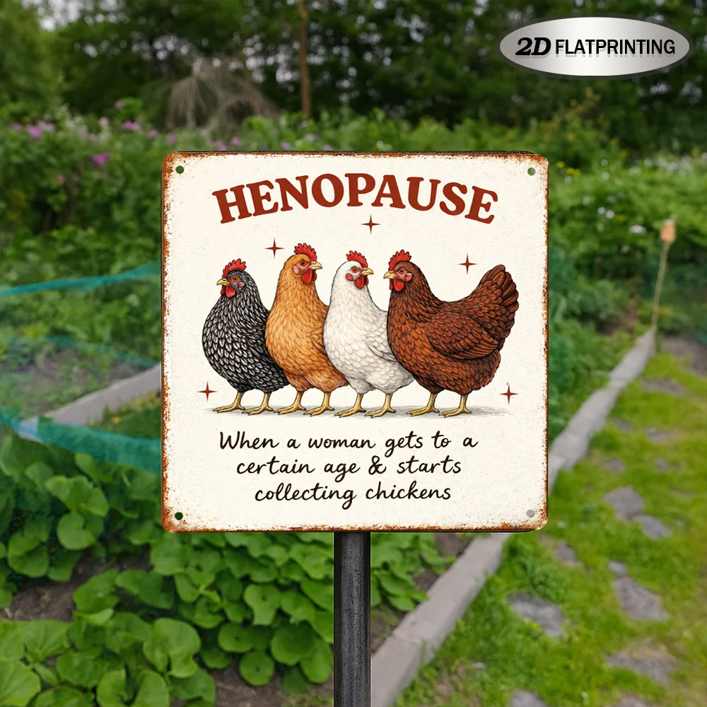 Vintage Metal Tin Sign, Funny Henopause Chicken Farm Humor Rust Square Tin Sign, 2D Flat Farmhouse Kitchen Wall Hanging view 3