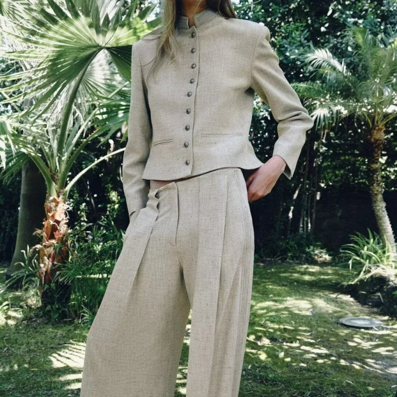 Summer 2026 Women's Casual Stand Collar All-Match Buttoned Pleated Suit Jacket Long Sleeve Short Length  Color