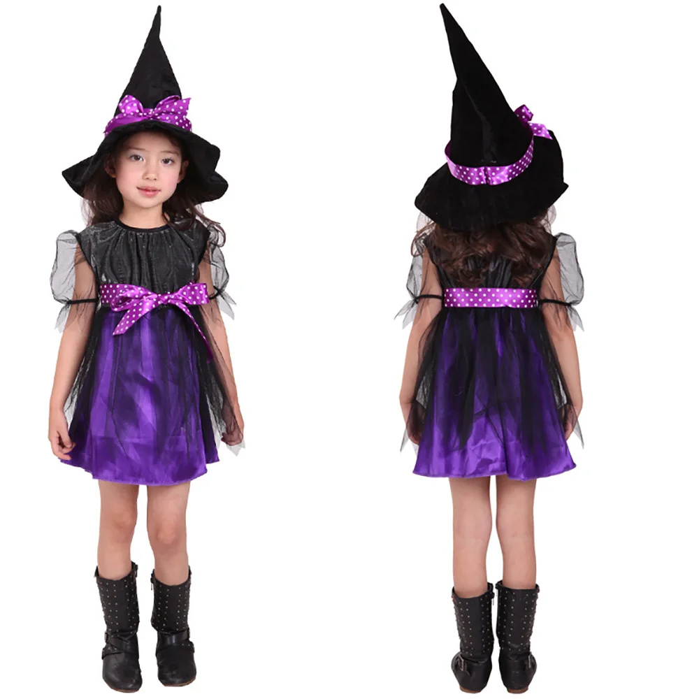 

Girls Witch Costume Set with Hat | Halloween Dress-Up Magic Party Wear for Kids | Sizes(110-140cm) | Purple Black Gothic Outfit