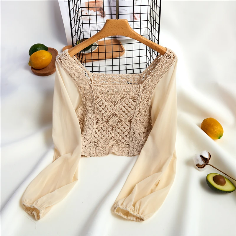 Boho Crochet Knit Blouse with Chiffon Sleeve Square Collar Shirts Sheer Tops Women Spring Summer Vacation Beach Wear