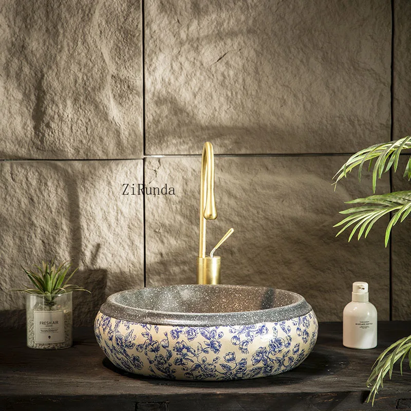 Bathroom single basin outdoor round basin retro blue and white table basin ceramic