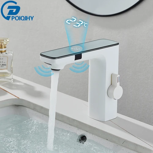 Grifo de lavabo con Sensor inteligente blanco, pantalla Digital, grifo mezclador de agua fría y caliente, grifo de lavabo de tocador sin contacto para Baño