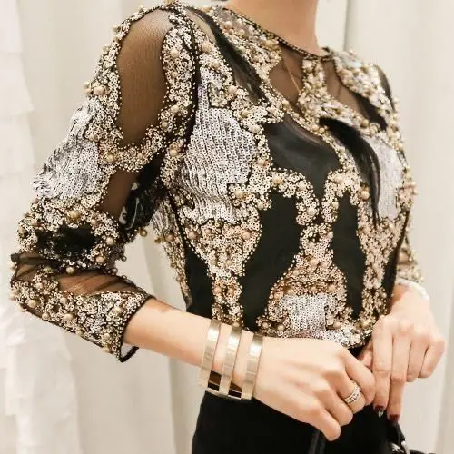

2025 New Early Autumn Celebrity Sequin Shirt Heavy Industry Bead Embroidery Sexy Temperament Long Sleeve Shirt Top