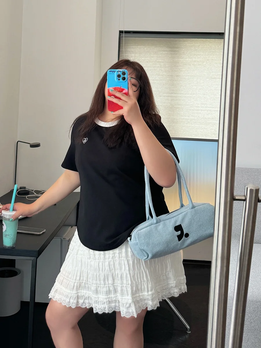 

plus Size Women's ort Sve T-irt Embroidered Slimming Belly Covering American Sle Summer Top for Heavy Girls