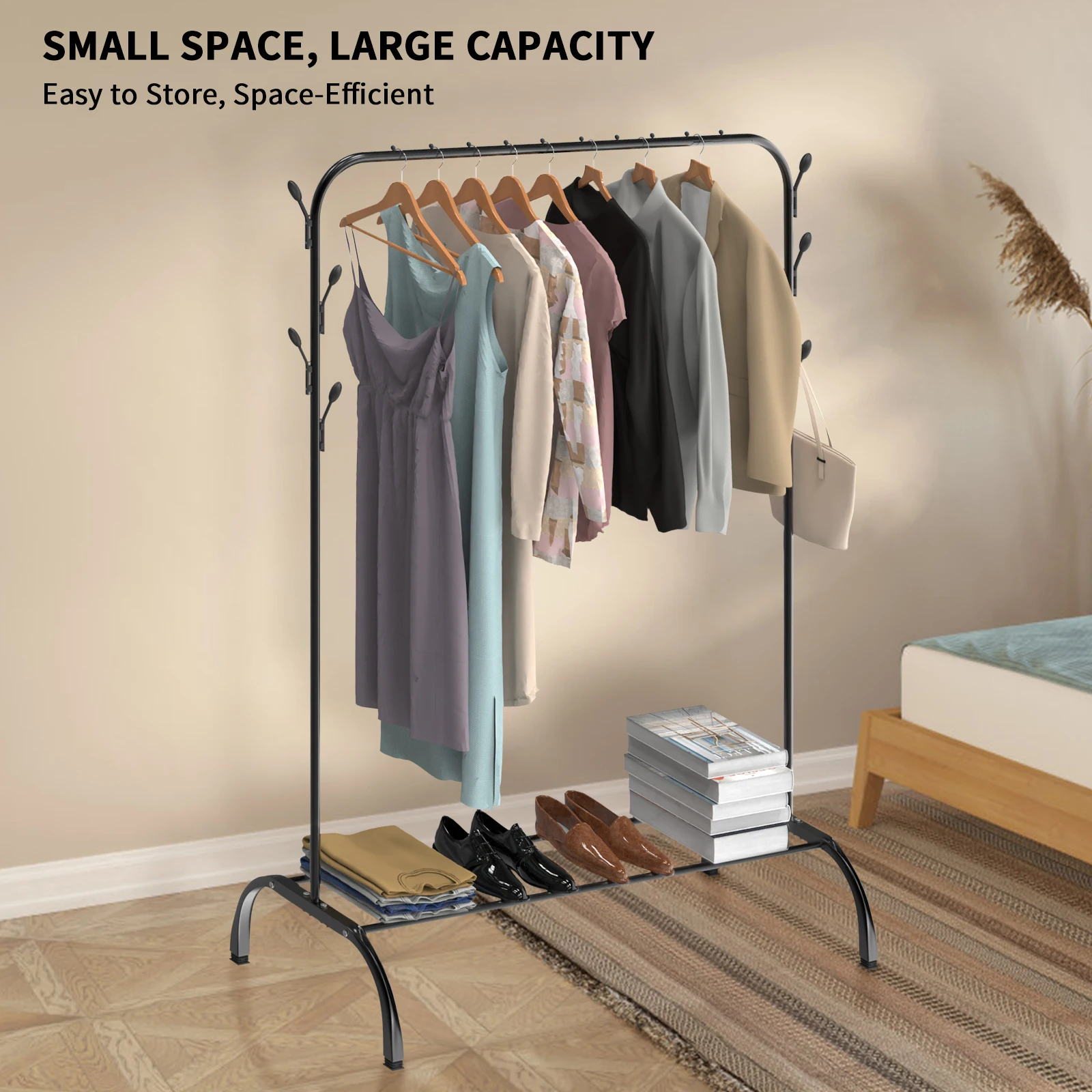 Kleiderständer, Metall-Kleiderstange mit 8 Haken und Metall-Ablage, Robuste Kleiderstange für Schlafzimmer, Tragbarer Kleiderständer mit Ablage, Belastbar bis 30 kg, 40x110x150cm