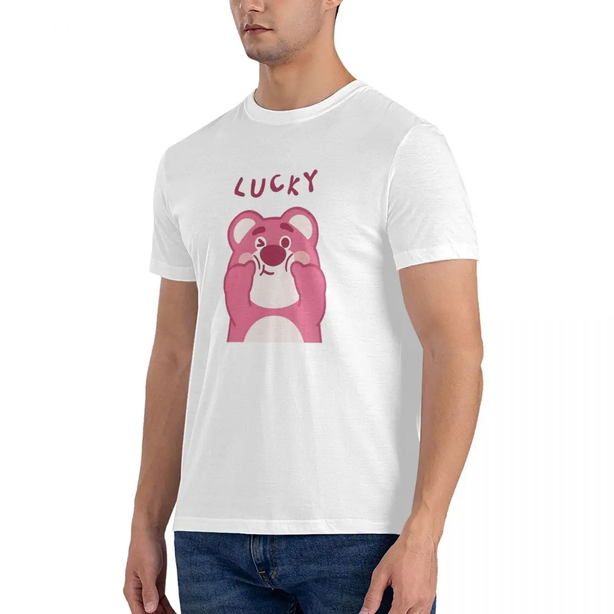 Men T-Shirts Lucky Vintage Pure Cotton Tees Short Sleeve Disney Toy Story Lotso Huggin Bear T Shirts O Neck Clothing