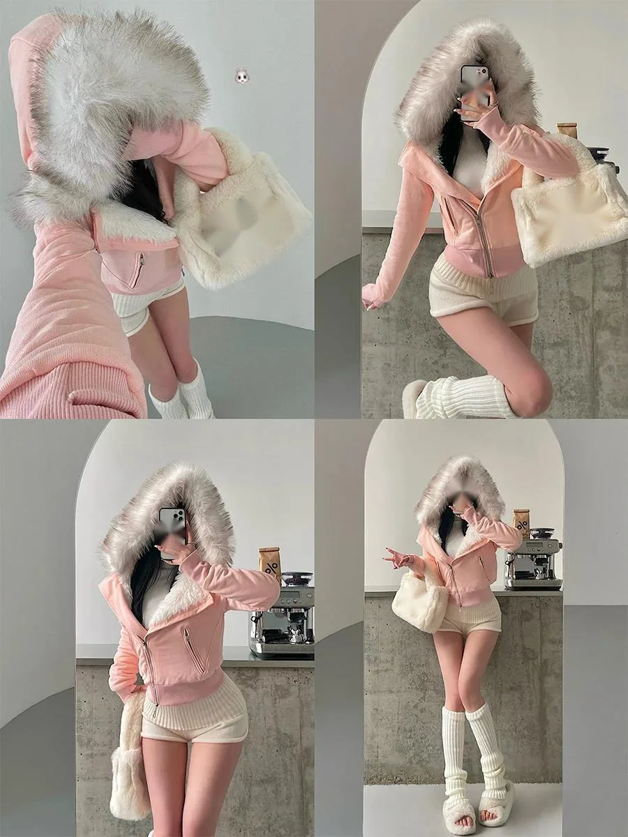 Pure Desire Sweet Girl Hooded Fur Collar Zipper Thick Plush Inner Lining Hoodie Cotton Quilted Coat Fashion Women Tops ZXJ7