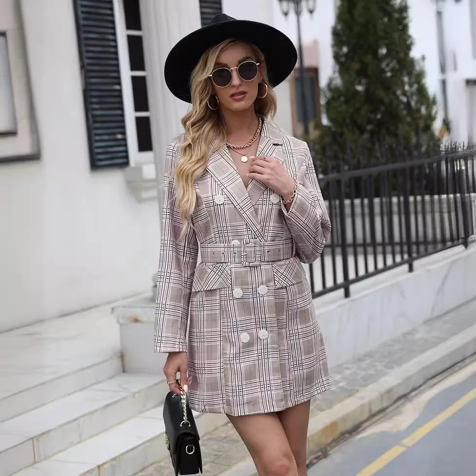 Office Autumn Winter Women's Suit Plaid Coat Short Dress Houndstooth Print Deep V-neck Fashionable And Elegant Dress With Belt