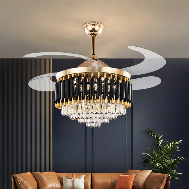 42 48 Inch Luxury Crystal Ceiling Fan With Light Modern Led Chandelier Remote Control Fan Lamp with Retractable Blades Bedroom