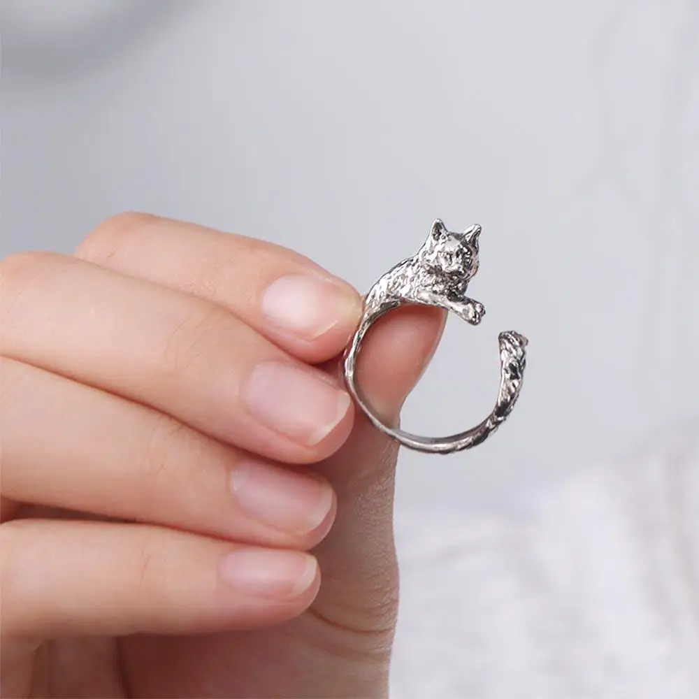 Vintage Kitty Cat Opening Rings Dark Alloy Adjustable Animal Delicate Rings Cartoon Personality Cat Shape Ring