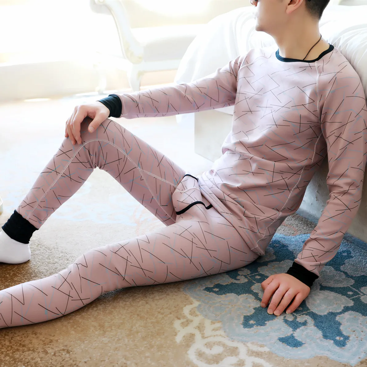 Men's Fashionable Print Thermal Underwear Adult Plus Thick Velvet Heating Cationic Autumn Clothe and Pant Set Youth Bottom Basic