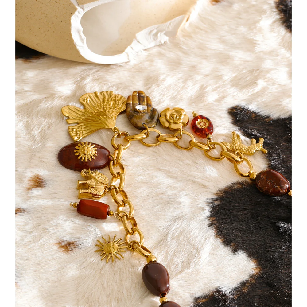 Yhpup New Handmade Jewelry Resin Acrylic Beads Chain Flower Palm Sun Drop Charm Necklace Stainless Steel Statement Accessories