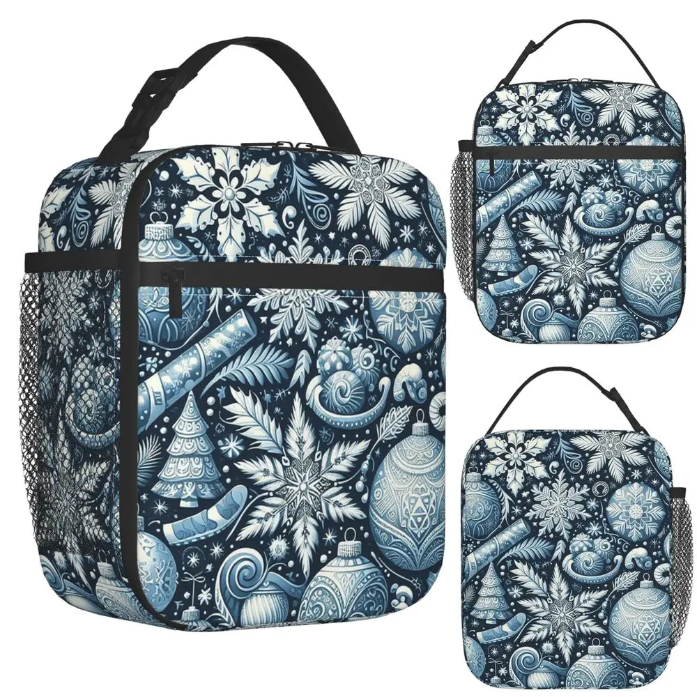 Christmas.blue And White Insulated Lunch Bag for Kids School Cooler Thermal Food Box Tote Leakproof Lunch Boxes Container