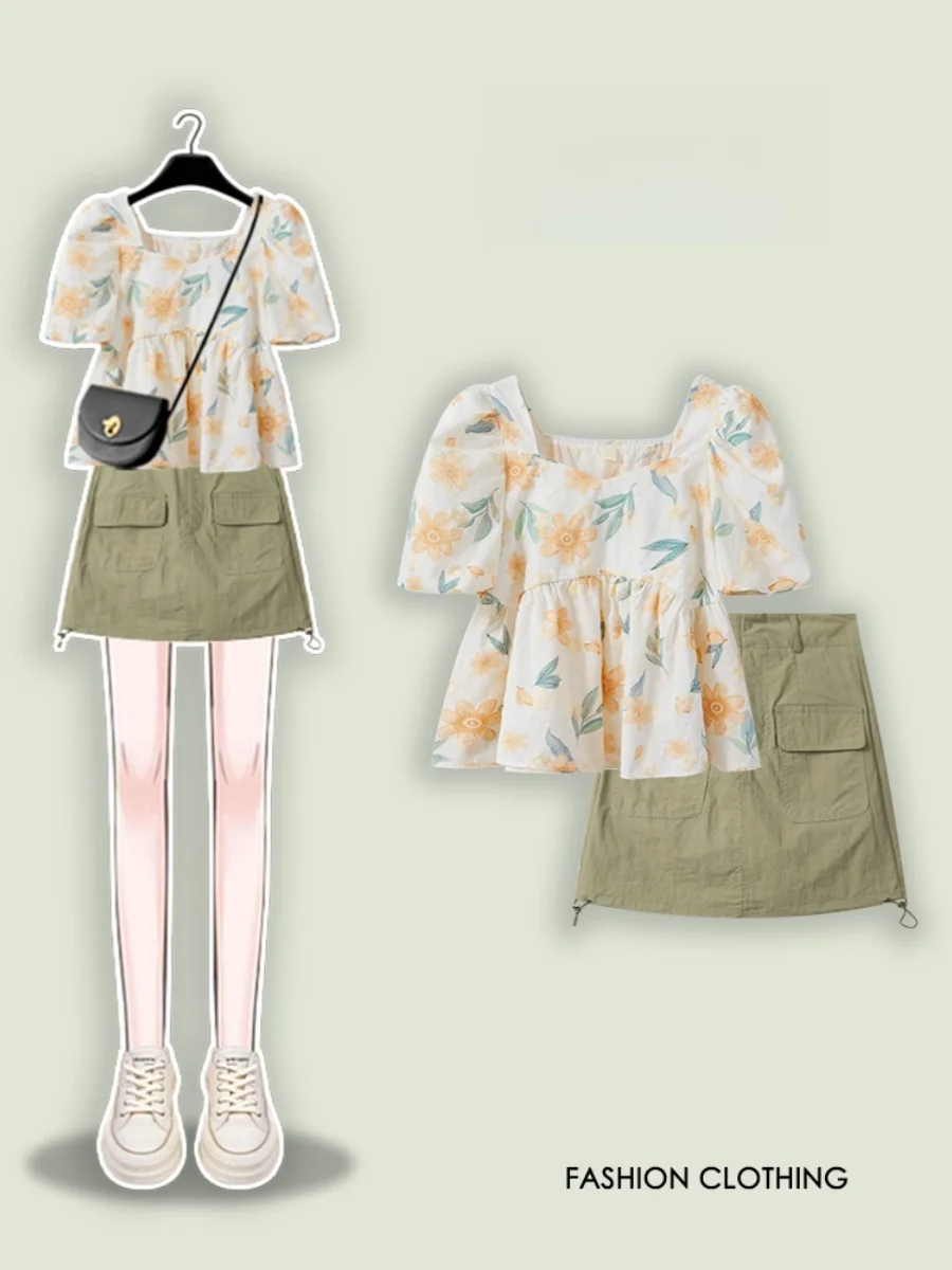 

plus Size Women's Faionable Floral Print ort Skirt Slimming High Waist Square Collar Top plus Size Ele Sle Summer Set