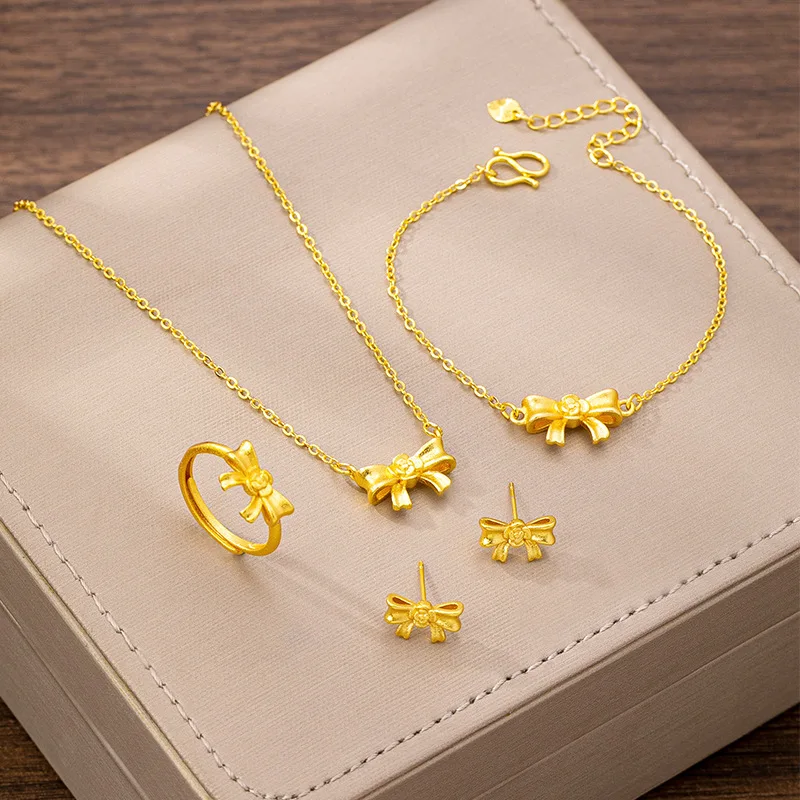 

New Arrival Sand Gold Princess Necklace Trendy Rose Bow Bracelet Earrings Ring Jewelry Set For Women Elegant Fashion Accessories