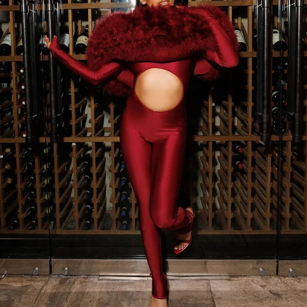 

Sexy Fur Off Shoulder Jumpsuits 2026 Women Winter Fall Party Club Elegant Bodycon Luxury One Piece Jumpsuit Bodysuit Playsuit