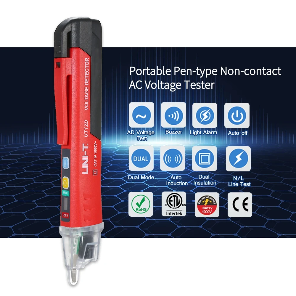 UNI-T AC Voltage Detector UT12D Non Contact Voltage Tester 12V-1000V Contactless Electric Tester Pen Power Sensor LED