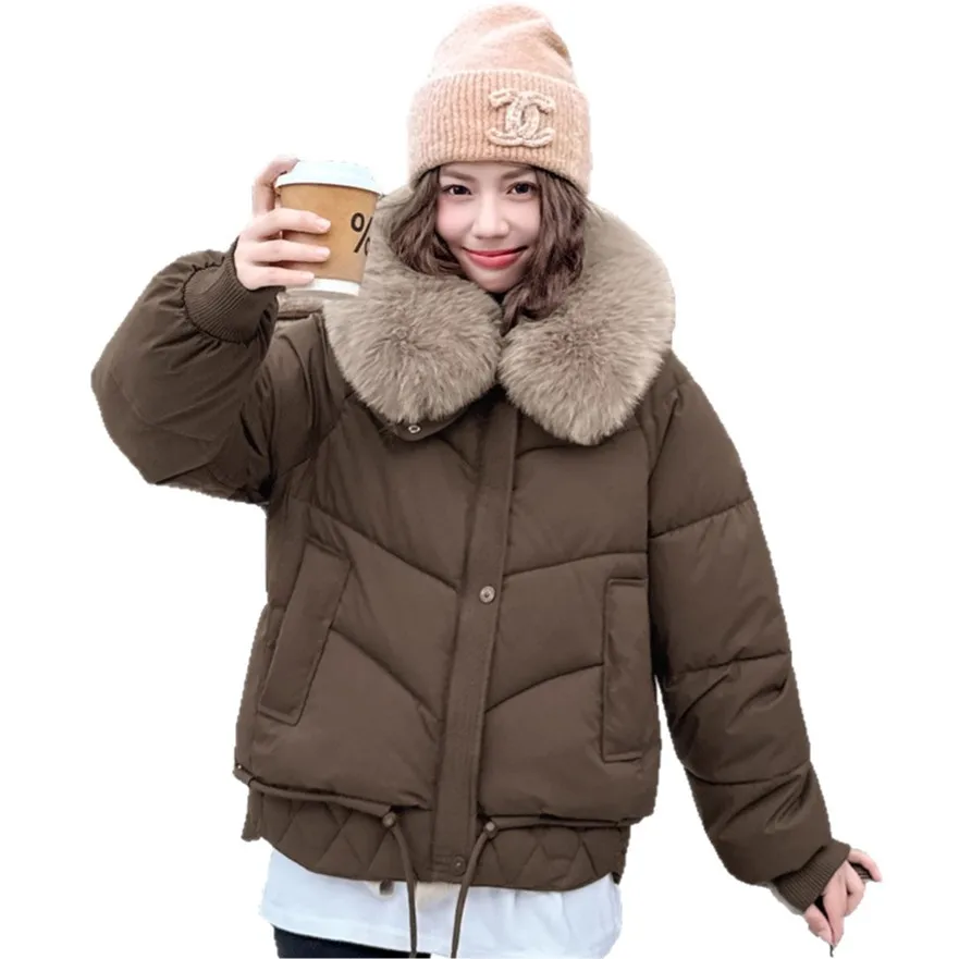 Parkas Women Short Coats Hooded Fur Collar Jackets Full Sleeve Thick Warm Y2k Streetwear Elegant Jacket Work Autumn Winter 2025