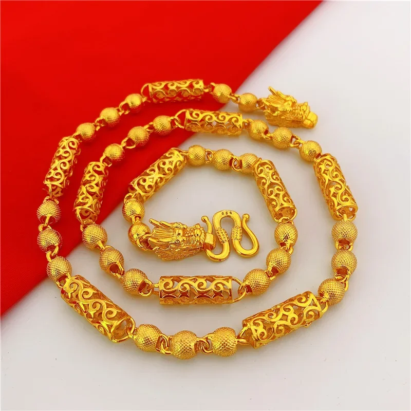

9999 24K real gold leading auspicious cloud necklace domineering men's hollow carved column with frosted ball beads jewelry