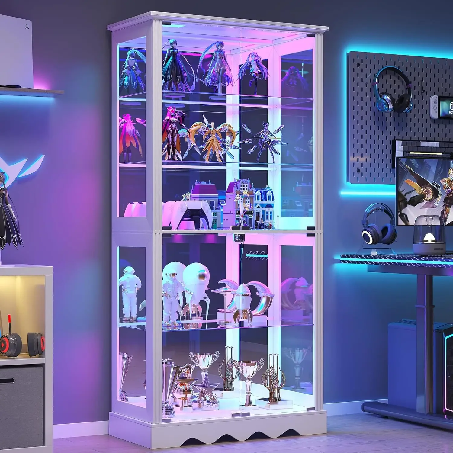 

Glass Display Cabinet With Led Rgb Lights Doors Adjustable Shelf Collectibles Display Case White