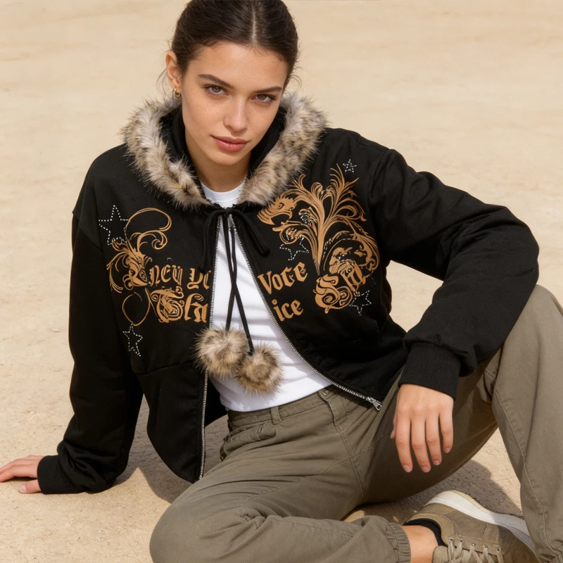 2026 Autumn/Winter New Retro Zipper Hoodie Silk Velvet Ball Drawstring Printed Fashion Street Wear Men's and Women's Casual Wear