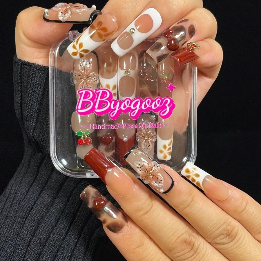 الصحافة اليدوية على الأظافر مربع ثلاثية الأبعاد زهر الكرز الأزهار ليوبارد الفرنسية الأظافر وهمية مع تصميم قابلة لإعادة الاستخدام الاكريليك الأظافر كاذبة ل