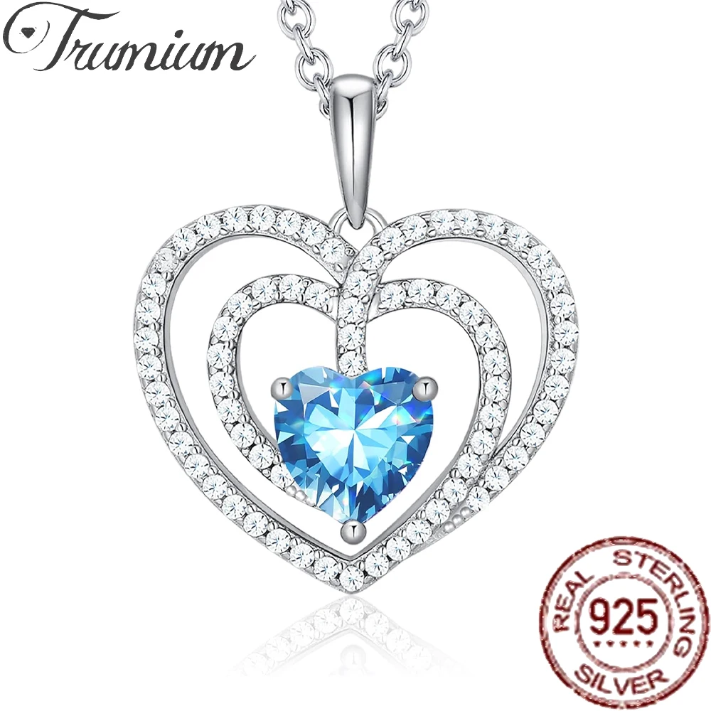 

Trumium 925 Sterling Silver Heart Cut Halo Birhtstone Necklaces for Women Created-Gems CZ Pendant Jewelry Mother's Day Gift