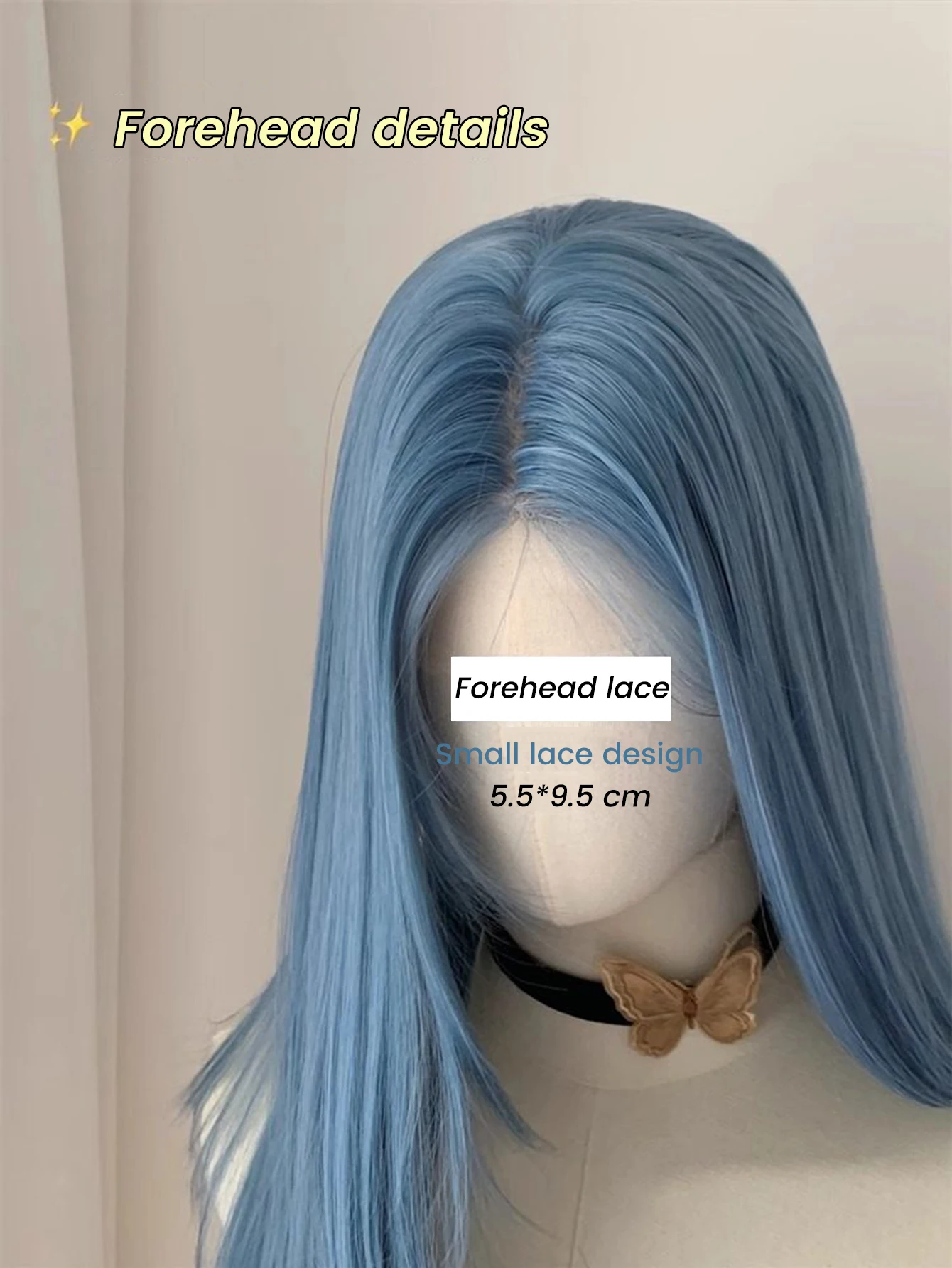 Synthetic Long Straight Lolita Lace Front Wig with Bangs Middle Part Wig Blue Cosplay Party Halloween Harajuku Wig For Women