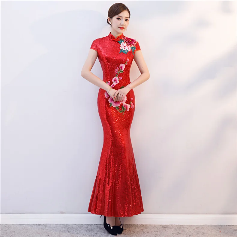 

Retro Cheongsam Women Improved Edition Extended Fit Fishtail Red Lace Cheongsam Dress